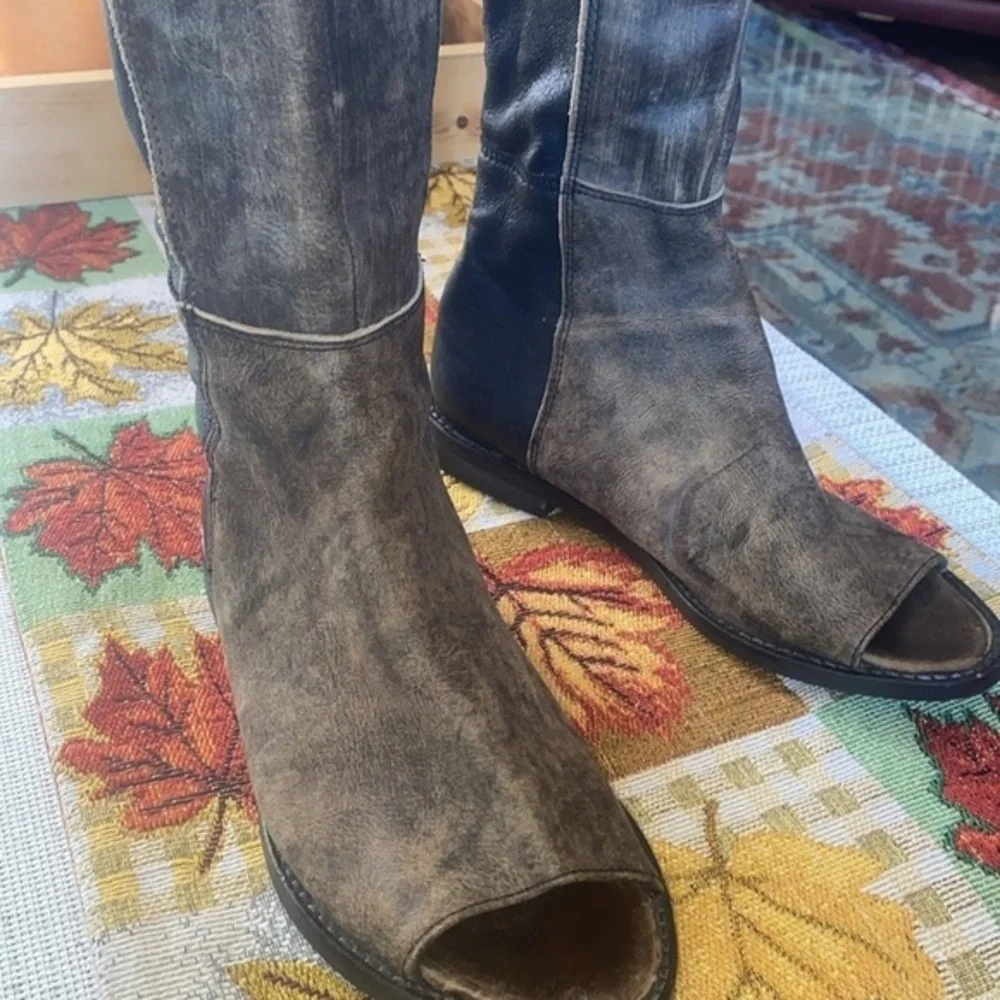 Charcoal Open-Toe Knee-High Boots